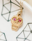 Charmed Skull Hot Pink Sapphire Necklace - 14k Gold