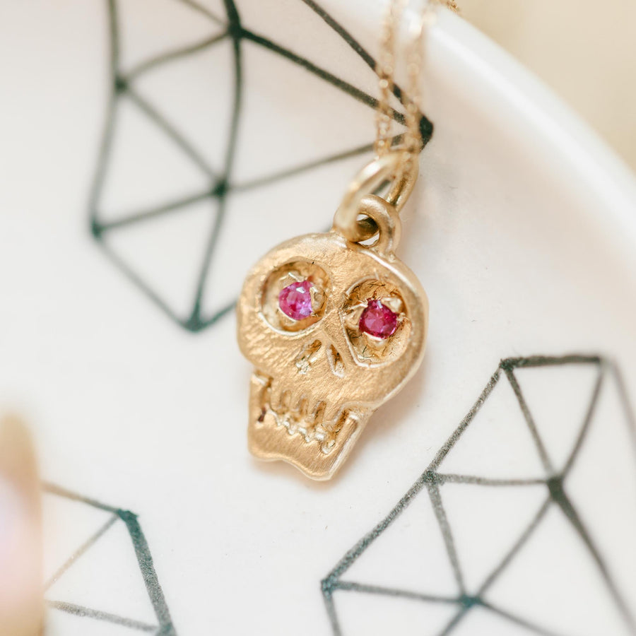 Charmed Skull Hot Pink Sapphire Necklace - 14k Gold