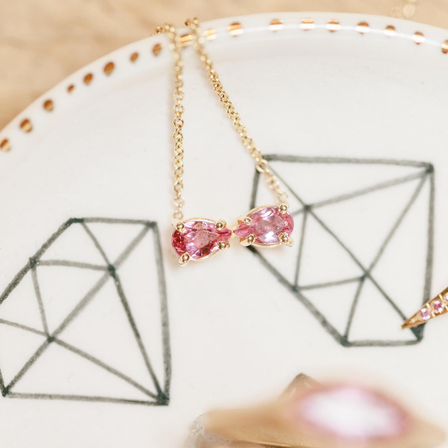 Pink Sapphire Bow Necklace - Gold + Sapphire