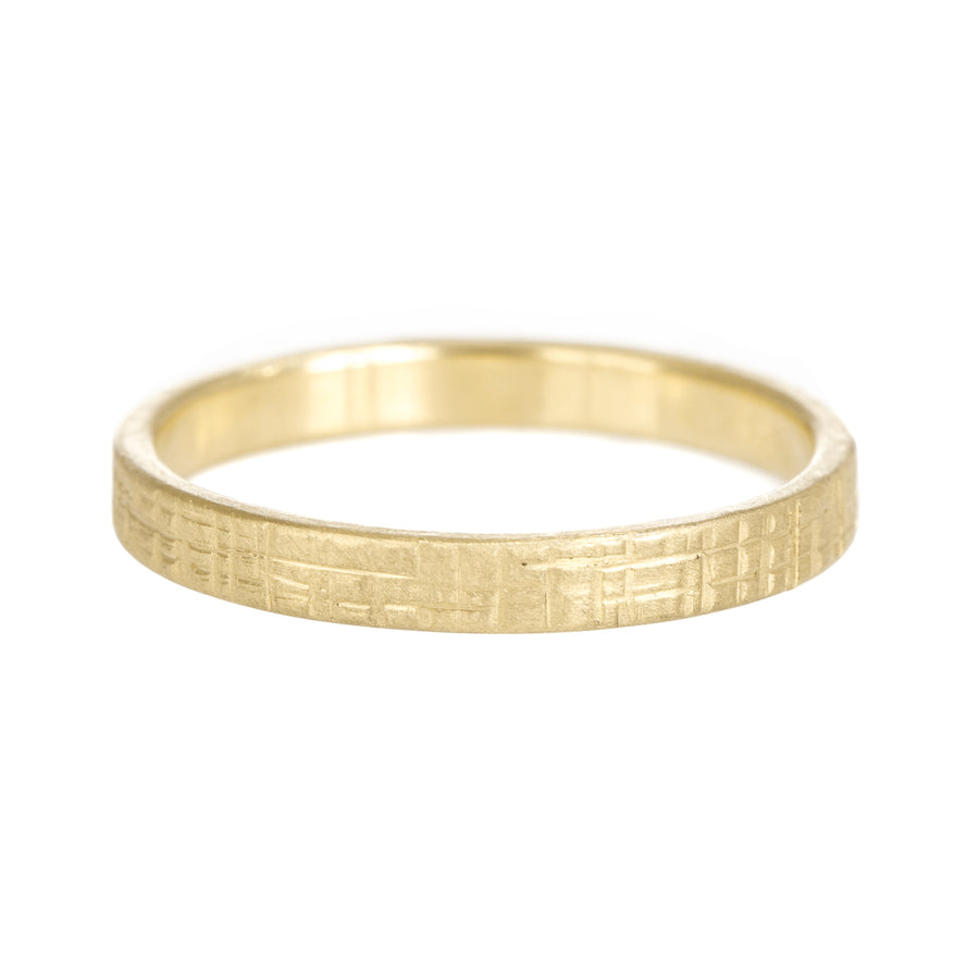 Solid gold, hand forged, crosshatch texture,
2.5 mm wide
