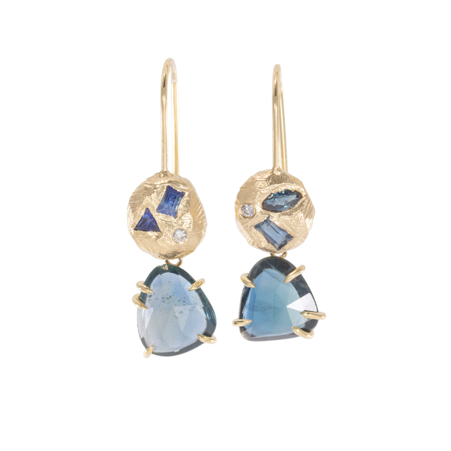 Geometric Diamond + Sapphire Drop Earrings - 18ky