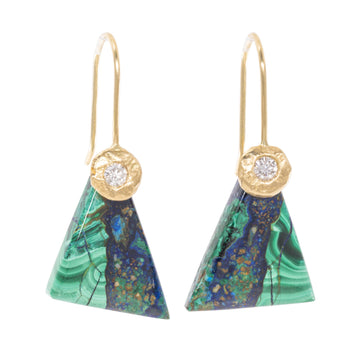 Azurite Malachite + Diamond Drop Earrings - 18k