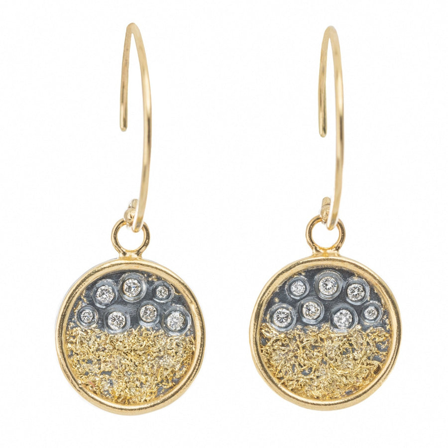 Traveler’s Coin Earrings - 22ky gold dust, 18k Gold, Oxidized Silver + Reclaimed Diamonds