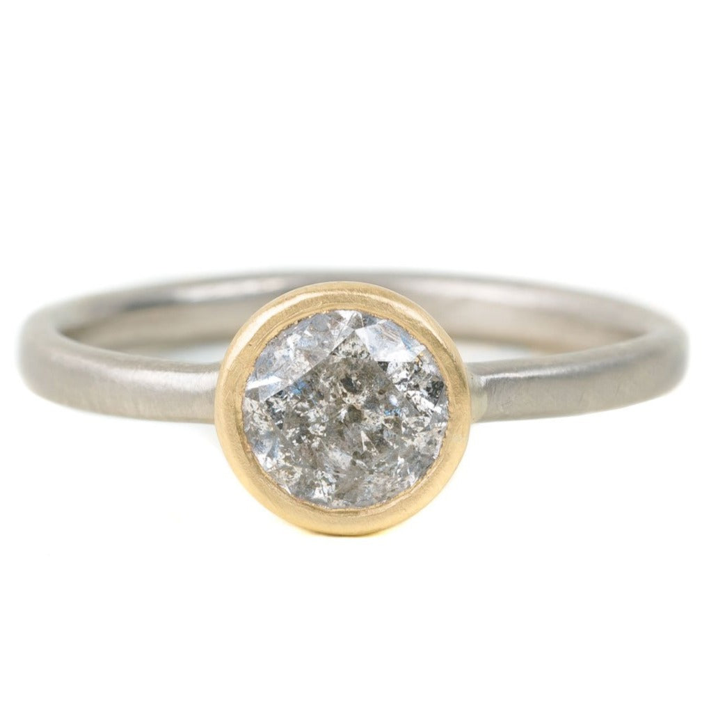 .545 ctw Natural Salt + Pepper Round Diamond - Handmade Two-Tone 18ky/14kpw Gold Bezel Setting