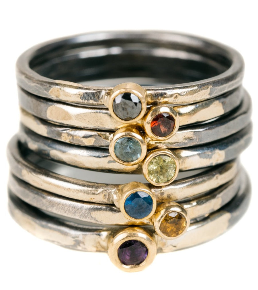 Shine On Birthstone Stackers- 18k Gold, Oxidized Silver + Ethically Sourced Colored Gemstones
