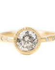 .935 ctw Natural Salt + Pepper Round Diamond - Handmade 18ky Gold Bezel Setting with Natural VS White Melee Side Diamonds