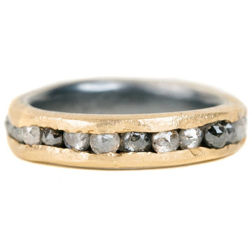 Channel Set Band with Rose Cut Diamonds- 18ky Gold, Oxidized Silver + Salt and Pepper Diamonds
