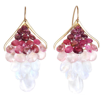 Large Plumage Earrings - 14k Gold, Rainbow Moonstone, Rose Quartz, Pink Tourmaline + Garnet