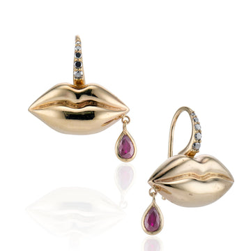 Last Kiss Earrings - 14k Gold + Ruby + Black Diamond