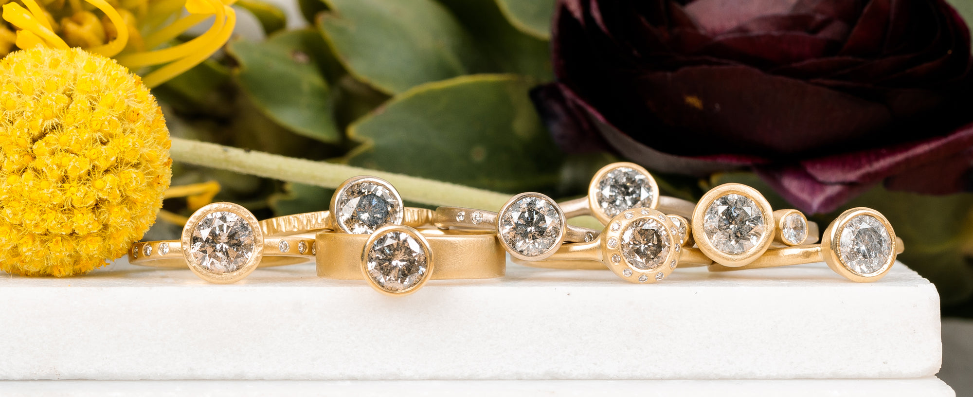 Legacy Diamond Ring - Salt + Pepper Brilliant Cut Diamond set in an 18ky Gold Extra Heavy Bezel with VS Side Diamonds on a 14kpw Gold Band