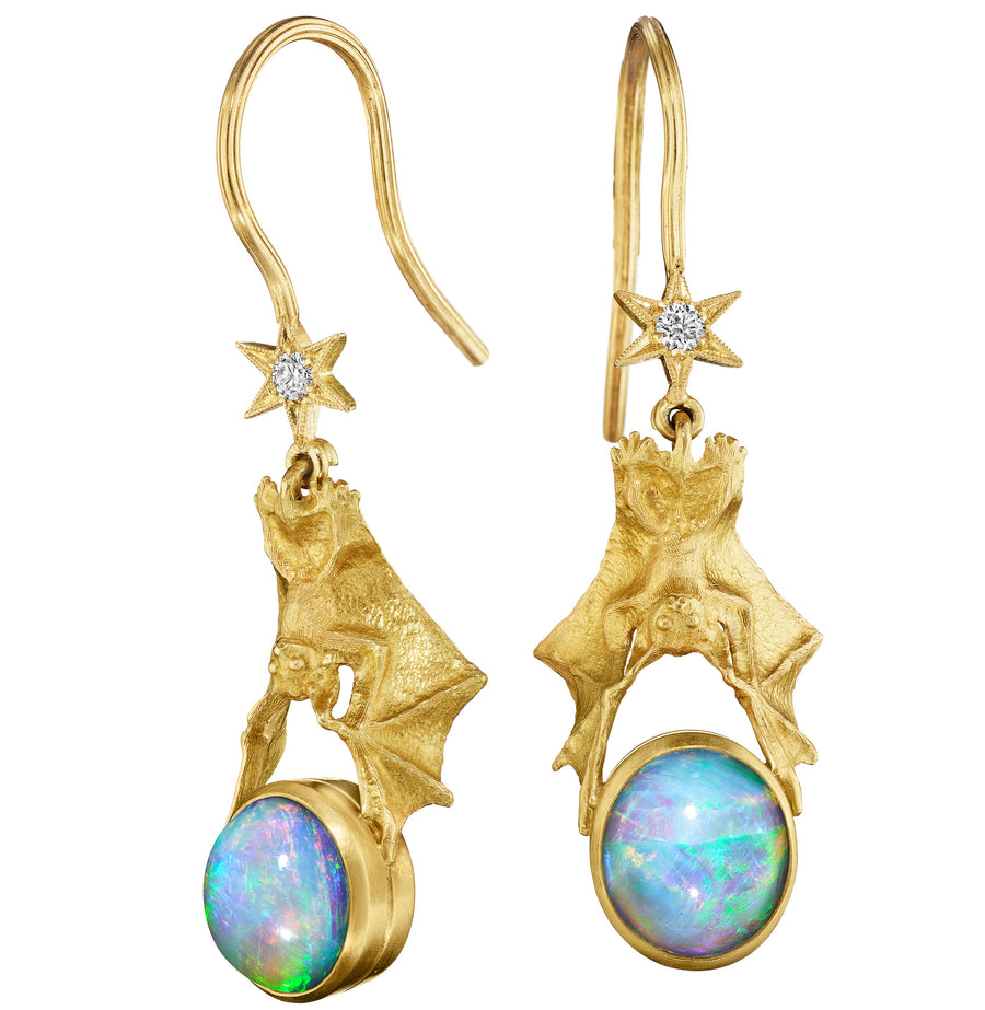 Opal French Wire Flying Fox Earrings - 18ky, Opal + Diamonds