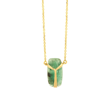 Long Lucky Scarab Pendant - 14k Gold + Emerald