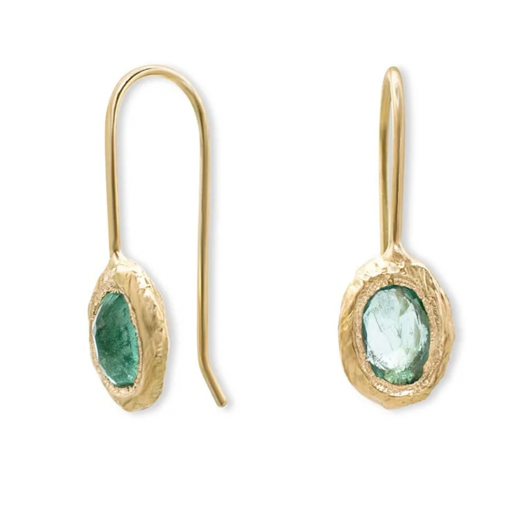 Oval Fixed Hook Earrings - 18k Gold + Emerald