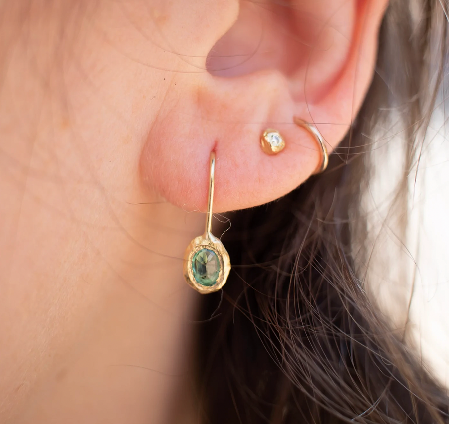 Oval Fixed Hook Earrings - 18k Gold + Emerald