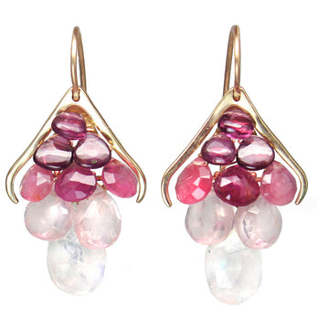 Small Plumage Earrings - 14k Gold, Rainbow Moonstone, Rose Quartz, Pink Tourmaline + Garnet