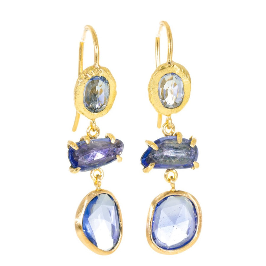 Triple Blue Sapphire Earrings - 18k Gold