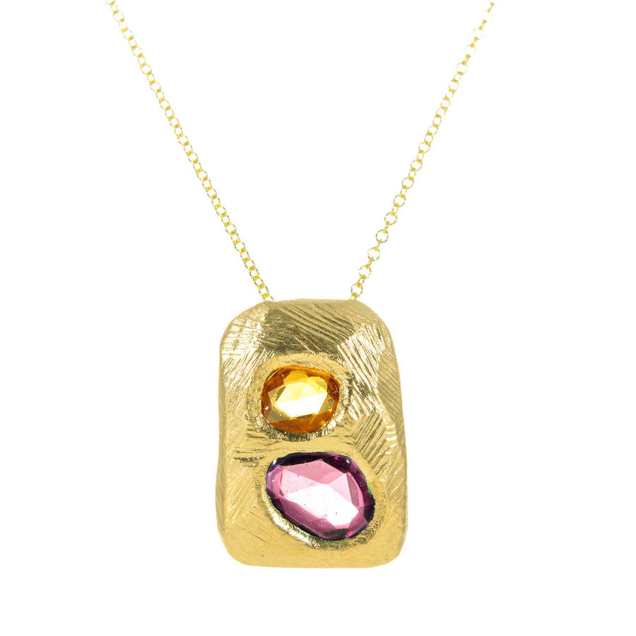 Pink + Orange Sapphire Tablet Necklace - 18k Gold