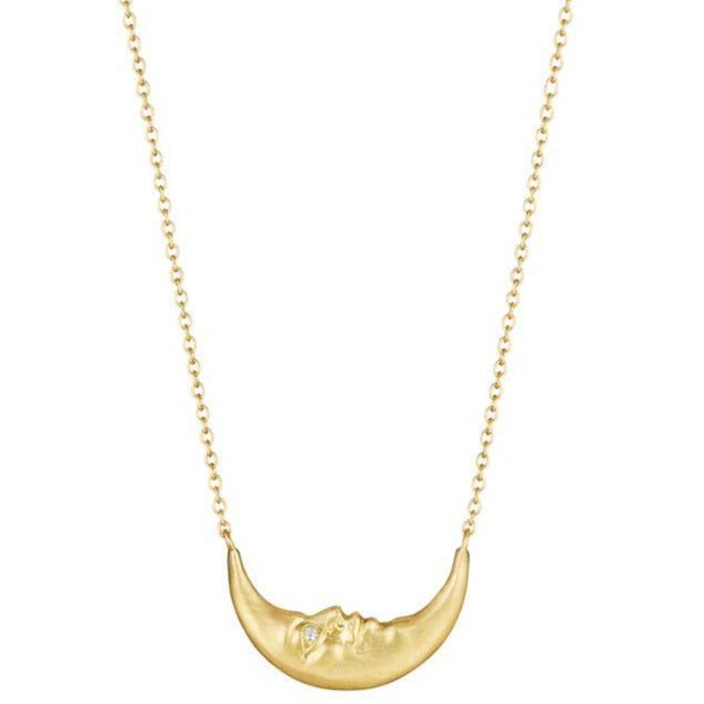 Crescent Moonface Necklace - 18k Gold + Diamonds