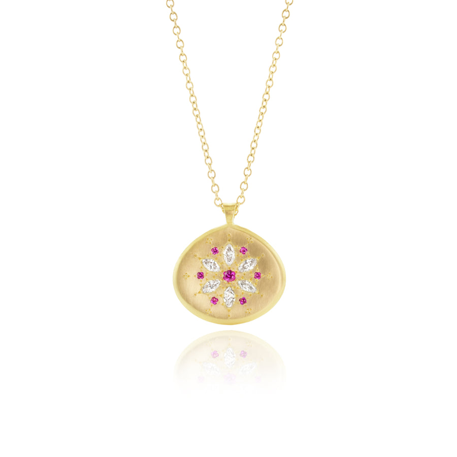 Wish Flower Pendant - 18k Gold, Pink Sapphire + Diamond