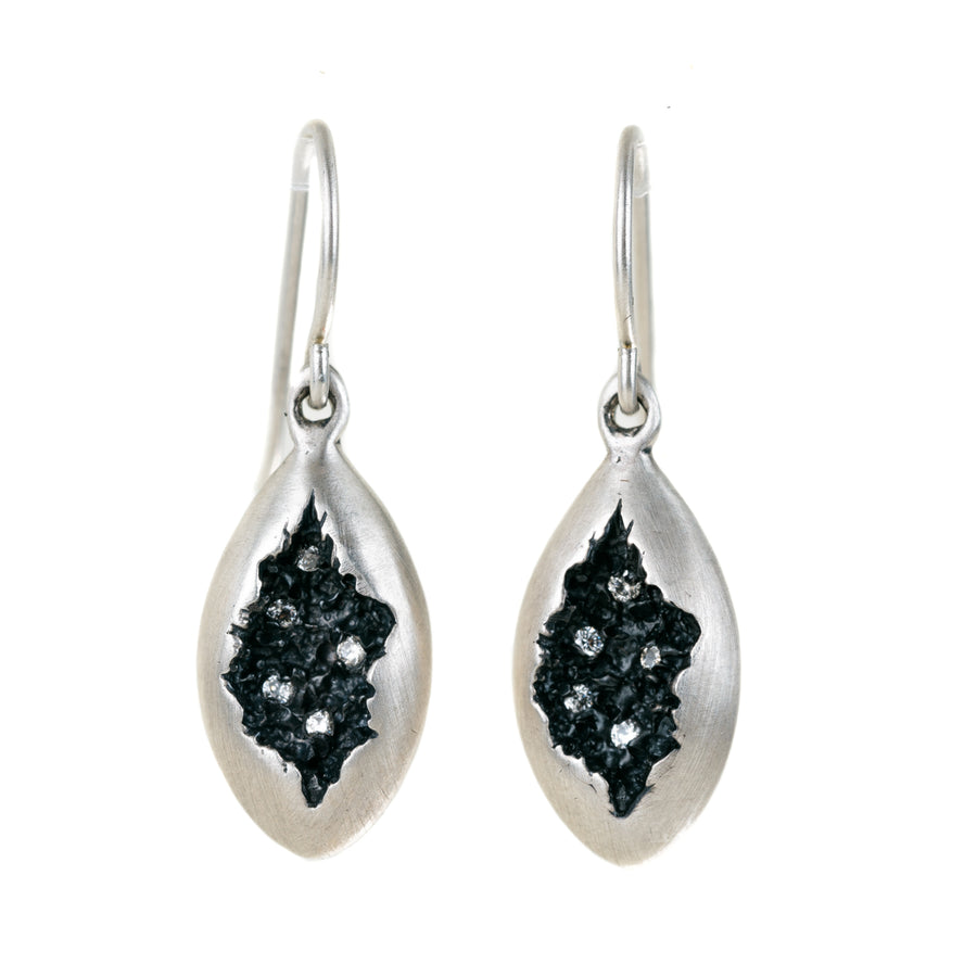 Oval Crater Earrings In Silver with Diamonds