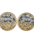 Traveler's Coin Studs - 22ky gold dust, 18k Gold, Oxidized Silver + Reclaimed Diamonds