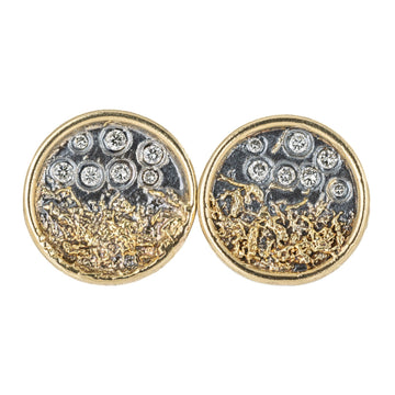 Traveler's Coin Studs - 22ky gold dust, 18k Gold, Oxidized Silver + Reclaimed Diamonds