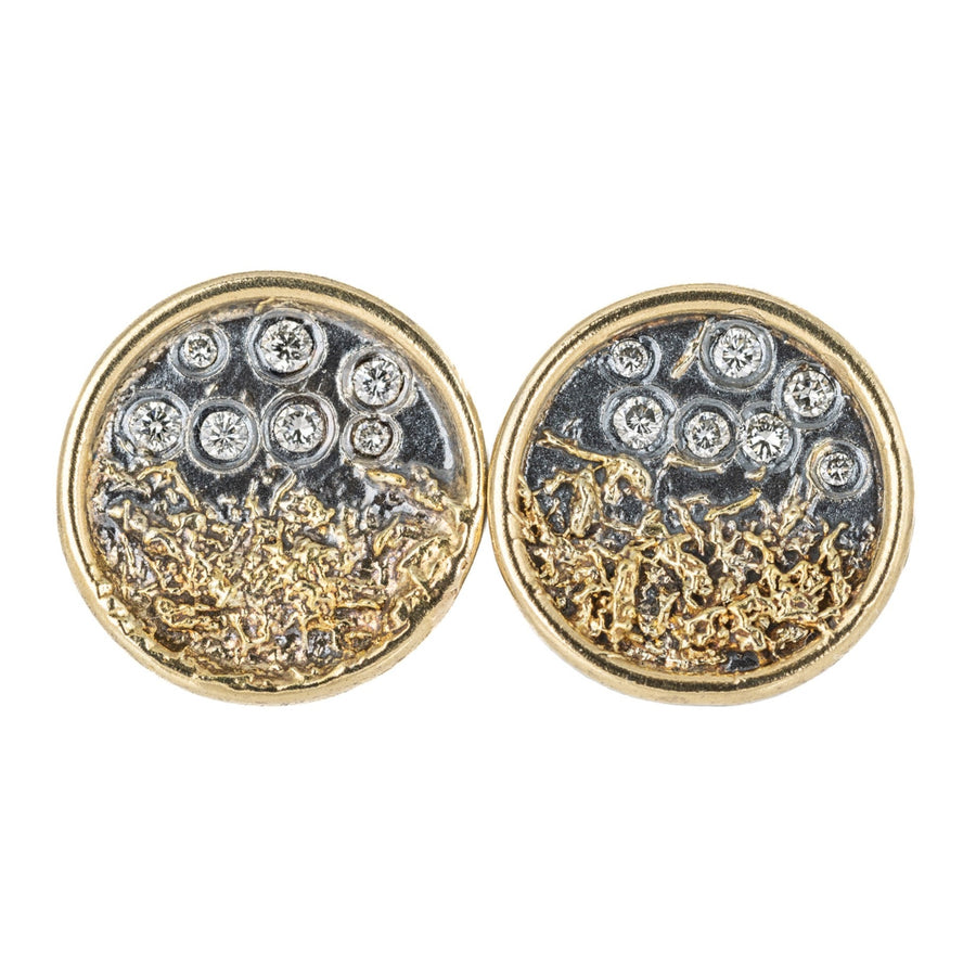 Traveler's Coin Studs - 22ky gold dust, 18k Gold, Oxidized Silver + Reclaimed Diamonds