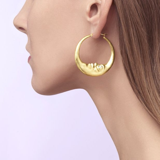 Large Crescent Moon Hoop Earrings - 18k Gold + Diamonds