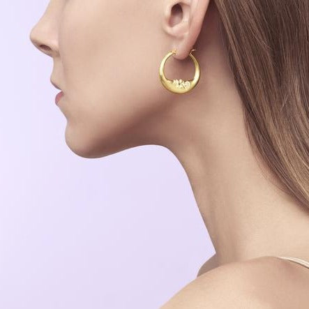 Medium Crescent Moon Hoop Earrings - 18k Gold + Diamonds