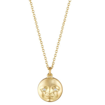 Small Moonface Pendant with Diamond Eyes - 18k Gold + Diamonds