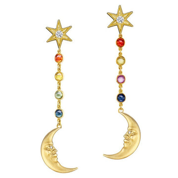 Rainbow Sapphire Crescent Moonface Earrings - 18k Gold, Sapphire + Diamonds