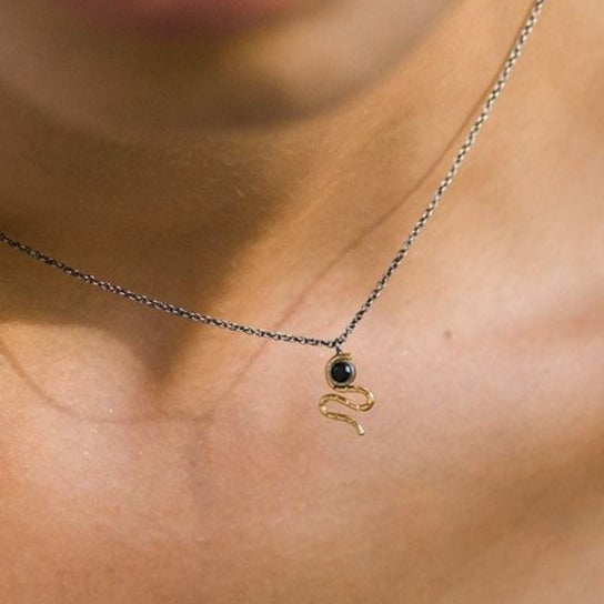 Serpent Necklace - 14k Gold, Sterling Silver + Black Spinel