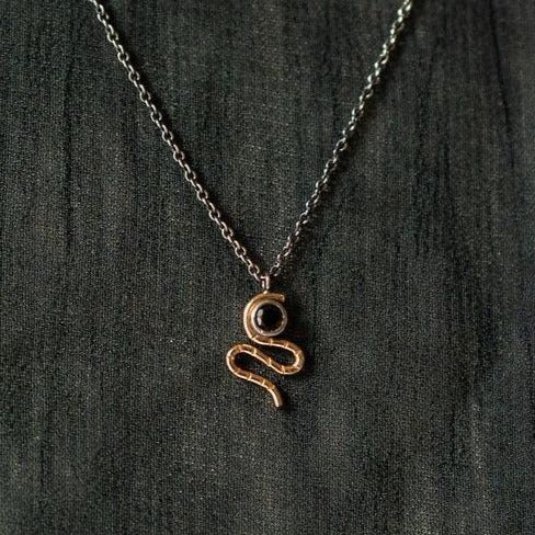 Serpent Necklace - 14k Gold, Sterling Silver + Black Spinel