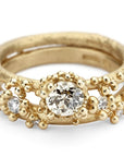 Solitaire Champagne Diamond Ring with Granules - 14k Gold + Champagne Diamonds