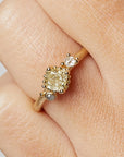 Yellow Diamond Solitaire RIng with Beaded Setting - 14k Gold, Yellow, White + Gray Diamonds
