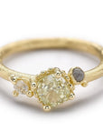 Yellow Diamond Solitaire RIng with Beaded Setting - 14k Gold, Yellow, White + Gray Diamonds
